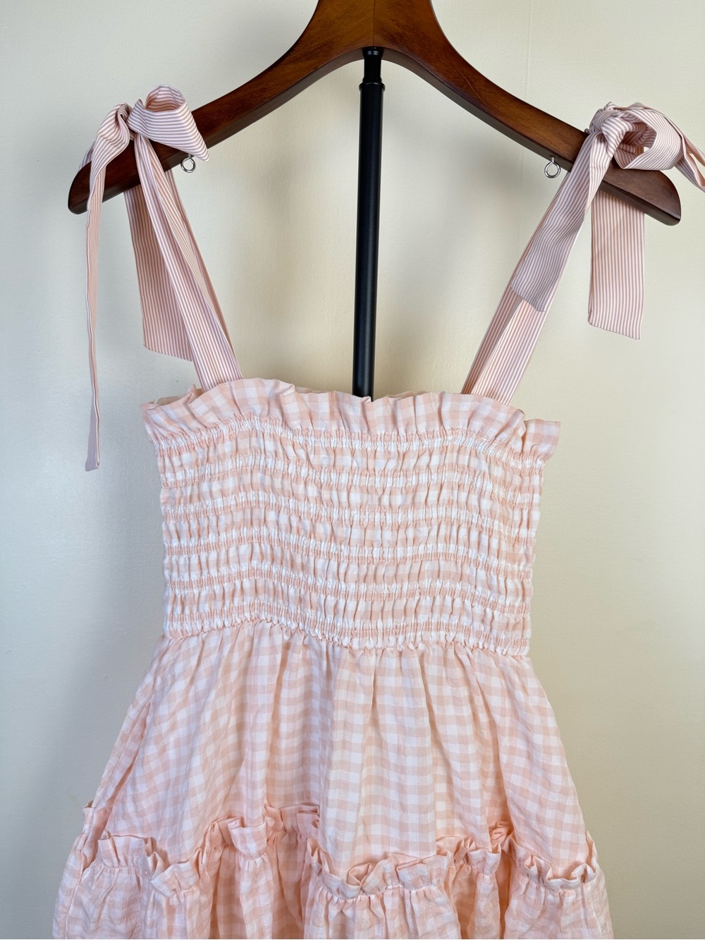 Mable Womens Midi Dress Small Blush Smocked Ruffle Seersucker Plaid Check Boho‎ - Picture 8 of 16